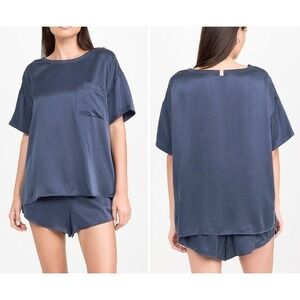 Lunya Washable Silk Pajama Set Blue Short Sleeve Sleepwear Womens Quiet Luxury